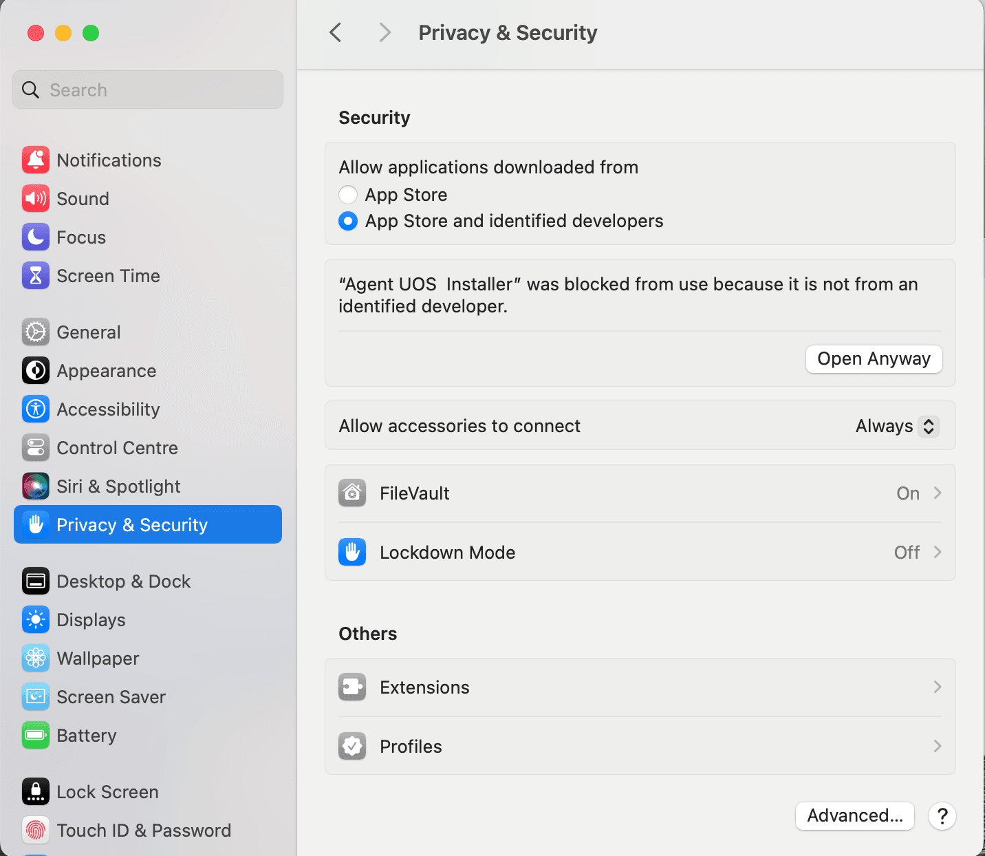 Розділ Privacy & Security macOS — кнопка Open Anyway