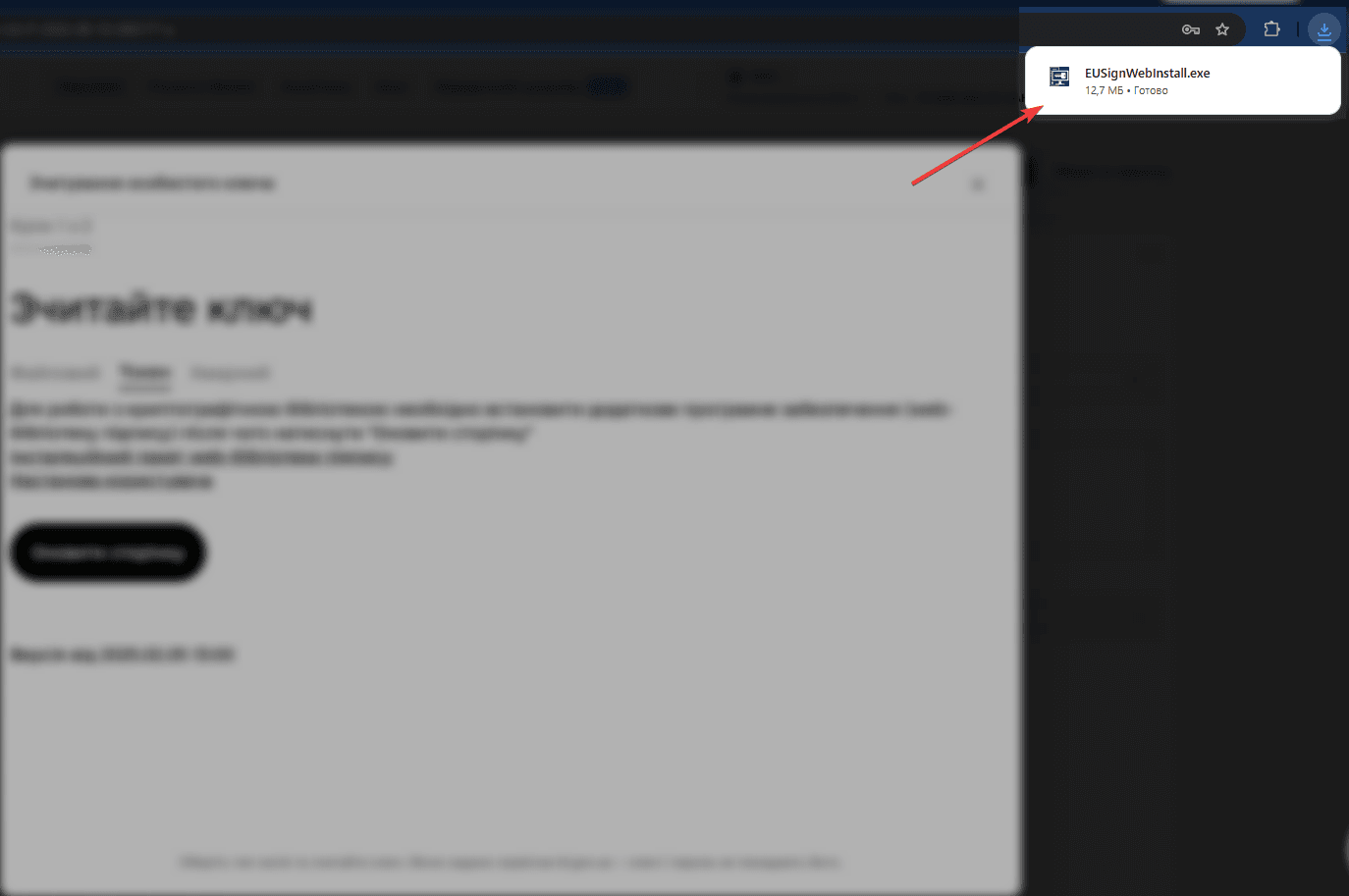 Завантажений файл EUSignWebInstall.exe у браузері